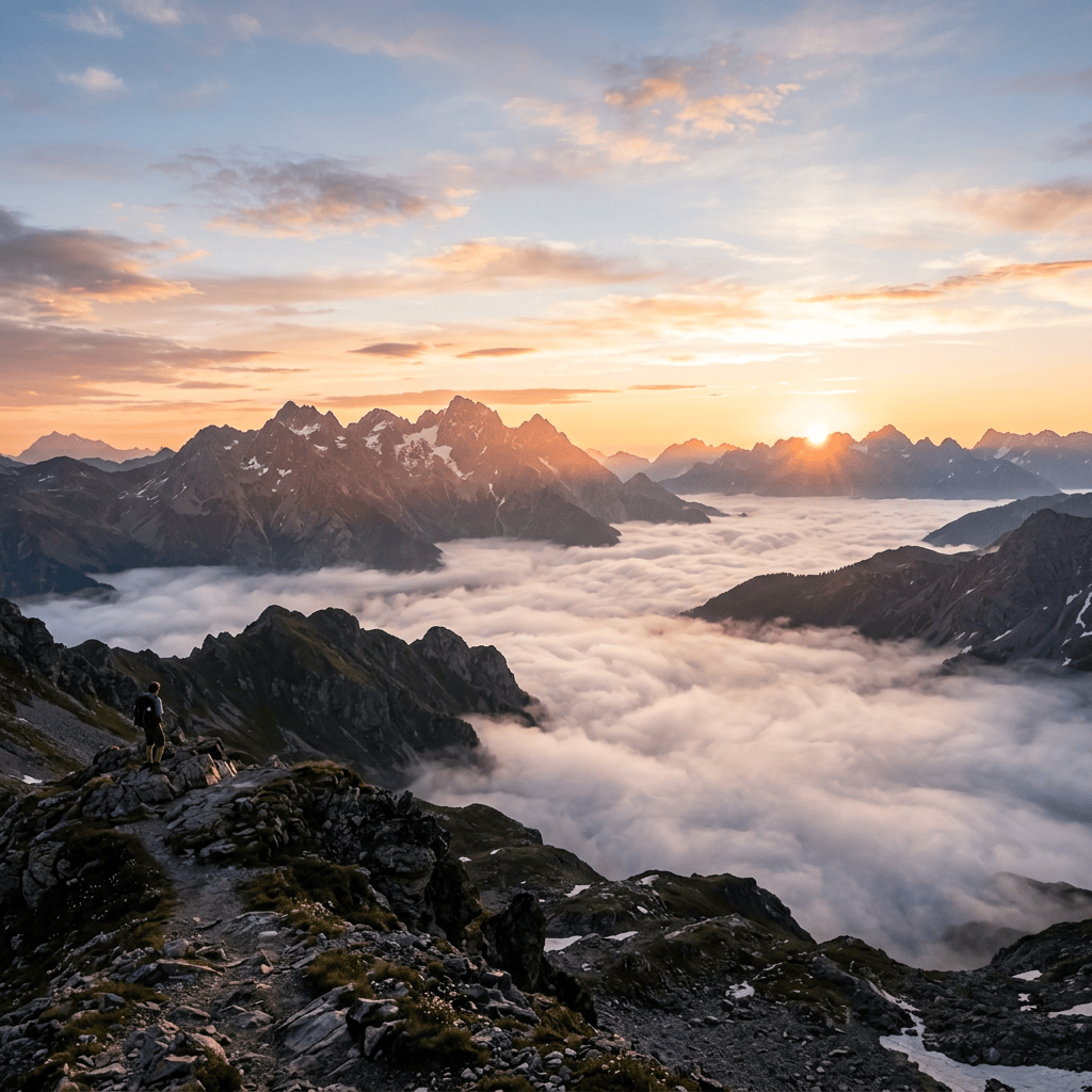 Lone hiker overlooking snowy mountains and clouds at sunrise
